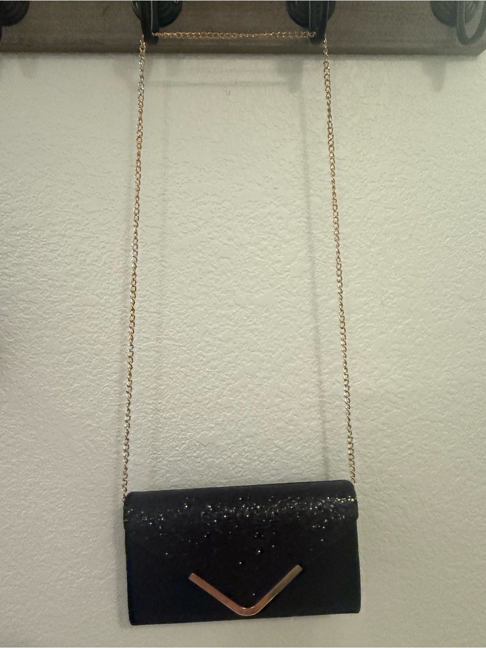 Black Glitter Envelope Evening Clutch Crossbody Purse Gold Chain Strap